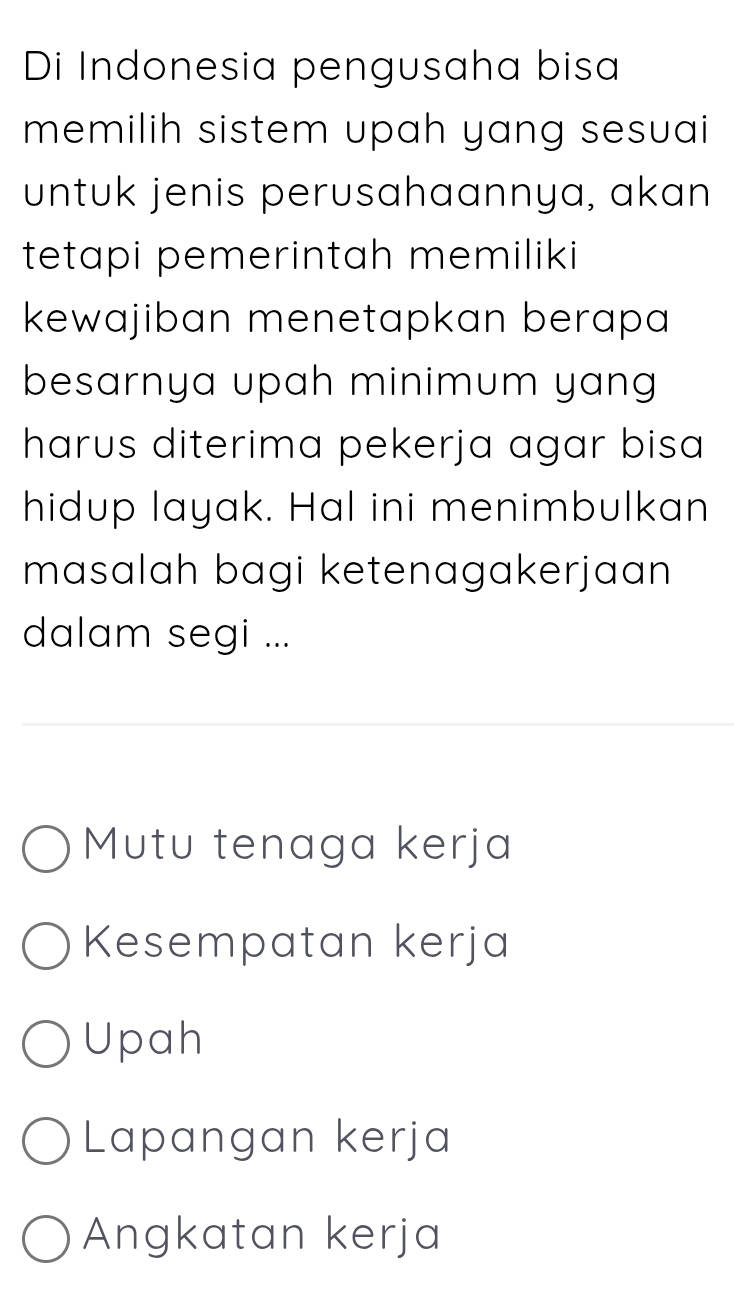 Di Indonesia pengusaha bisa
memilih sistem upah yang sesuai 
untuk jenis perusahaannya, akan
tetapi pemerintah memiliki
kewajiban menetapkan berapa
besarnya upah minimum yang
harus diterima pekerja agar bisa 
hidup layak. Hal ini menimbulkan
masalah bagi ketenagakerjaan 
dalam segi ...
Mutu tenaga kerja
Kesempatan kerja
Upah
Lapangan kerja
Angkatan kerja