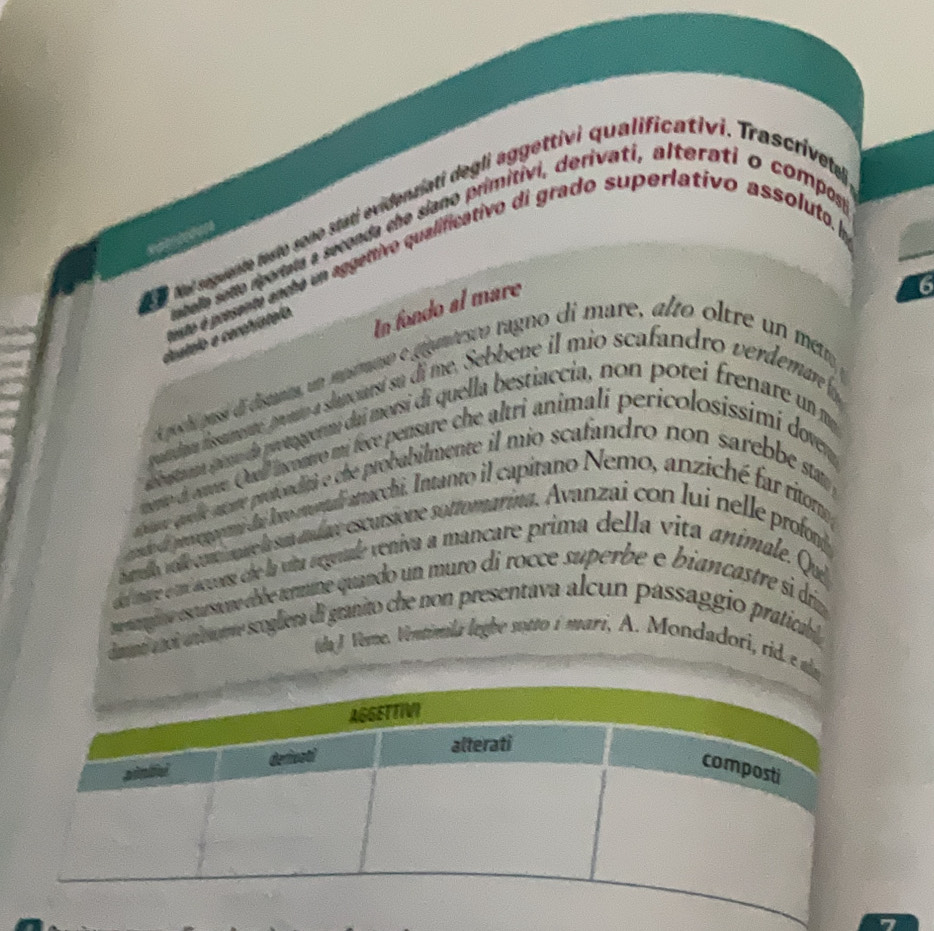 Nol seguente resto sono stati evidenziati degli aggettivi qualificativi. Trascrívete 

destolo e cerofvstelo pela sello rportala a seconda che siano primitivi, derivati, alterati o compos 
mato é presente anche un aggentivo qualificativo di grado superlativo assoluto. p 
In fondo al mare 
6 
t poch passi di dismnta, un mpamuso e gpmtesão ragno di mare, alto oltre un men 
oaardira fissanene, prouo a shancoiarsi su di me. Sebbene il mio scafandro verdemare fo 
pstama prsu da protogermí dai mersi di quella bestiaccia, non potei frenare un ma 
mer di ener. Qual inontro mi fece pensare che altri animali pericolosissimí dov 
ne quele moate protenditi e che probabilmente il mio scafandro non sarebbe sta 
cendo de proegromi de loro montali anacchi. Intanto il capitano Nemo, anziché far ritora 
harello, volle cont mnure la sun mndare escursione sottomarina. Avanzai con lui nelle profond 
del mare e um acconse ehe la vita vrgnuale veniva a mancare prima della vita animale. Que 
tnenanplire esctusine ébbe tmme quando un muro di rocce superbe e biancastre si di 
daani anoó vrletorme scogliera di granito che non presentava alcun passaggio praticable 
tda J Vere. Ventimila legbe sutto i mari, A. Mondadori, rid e al 
7