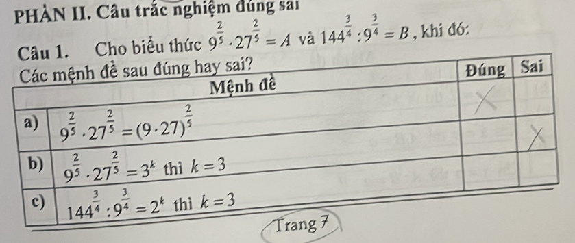 PHÀN II. Câu trắc nghiệm đủng sai
o biểu thức 9^(frac 2)5· 27^(frac 2)5=A và 144^(frac 3)4:9^(frac 3)4=B , khi đó: