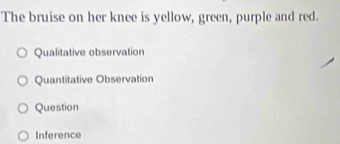 The bruise on her knee is yellow, green, purple and red.
Qualitative observation
Quantitative Observation
Question
Inference