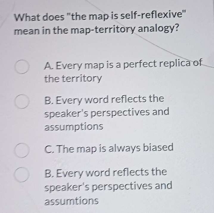 What does "the map is self-reflexive"
mean in the map-territory analogy?
A. Every map is a perfect replica of
the territory
B. Every word reflects the
speaker's perspectives and
assumptions
C. The map is always biased
B. Every word reflects the
speaker's perspectives and
assumtions