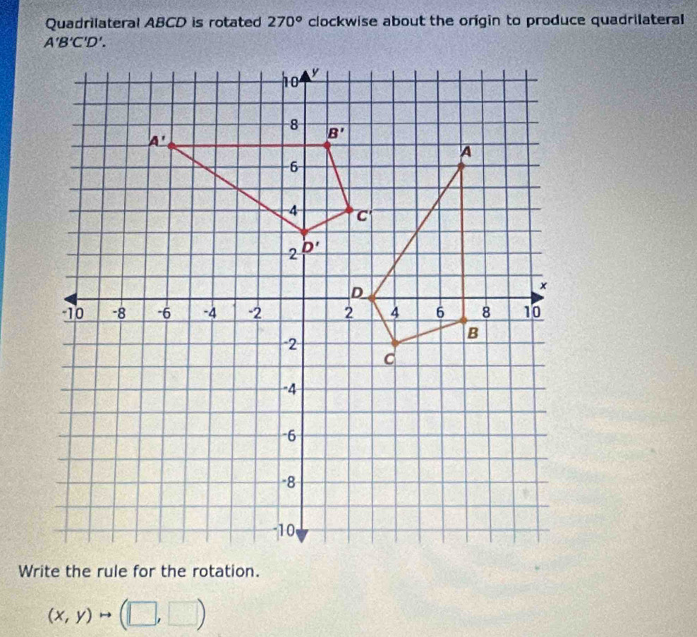 Quadrilateral ABCD is rotated 270° clockwise about the origin to produce quadrilateral
A'B'C'D'.
Write the rule for the rotation.
(x,y)to (□ ,□ )