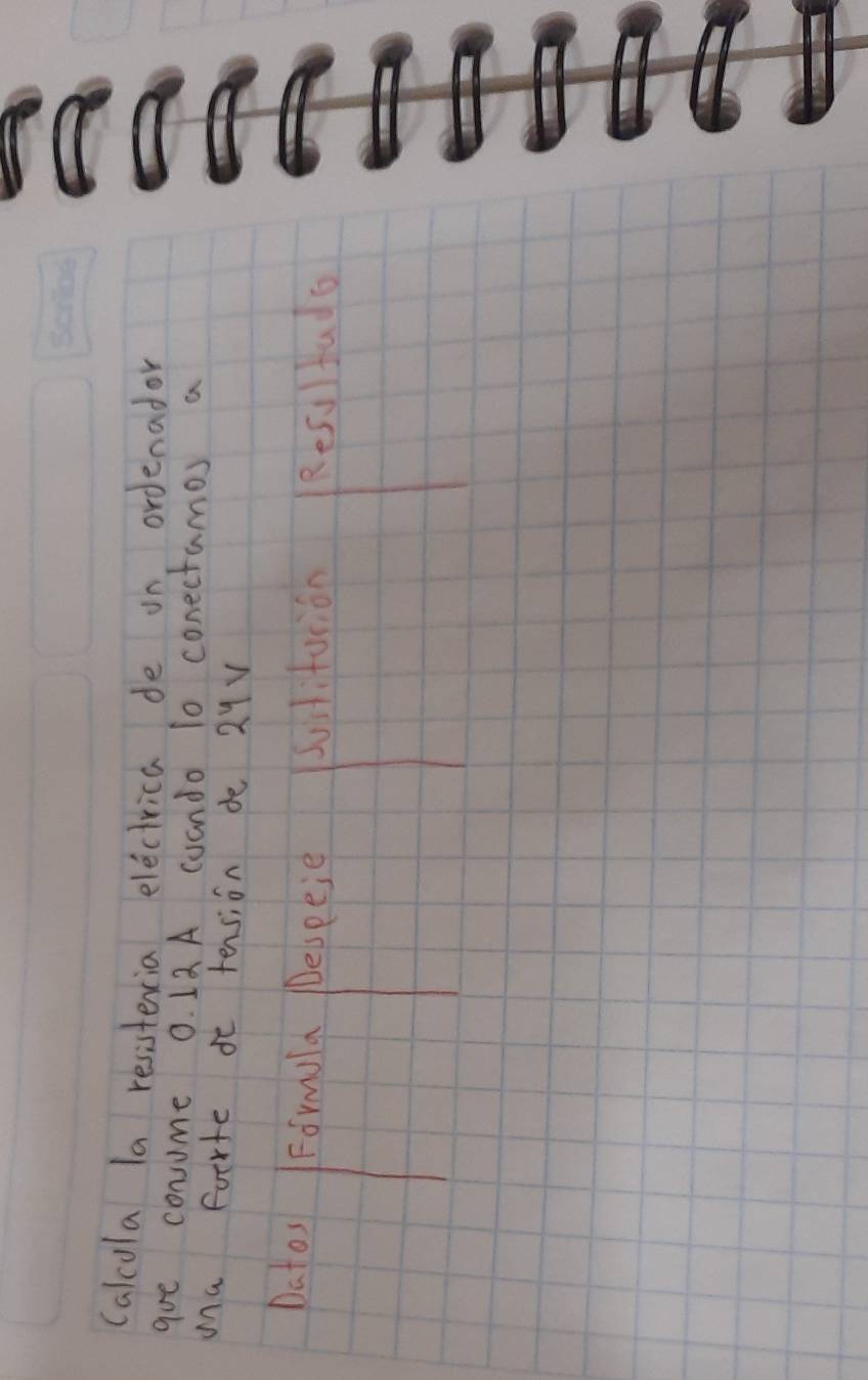 Calcula la resistencia electrica de on ordenador 
goe consume 0. 13A cuando 10 conectamos a 
Ma forrte dt tension de 29V
Datos Formla Deseeie Sutifurion Resultado