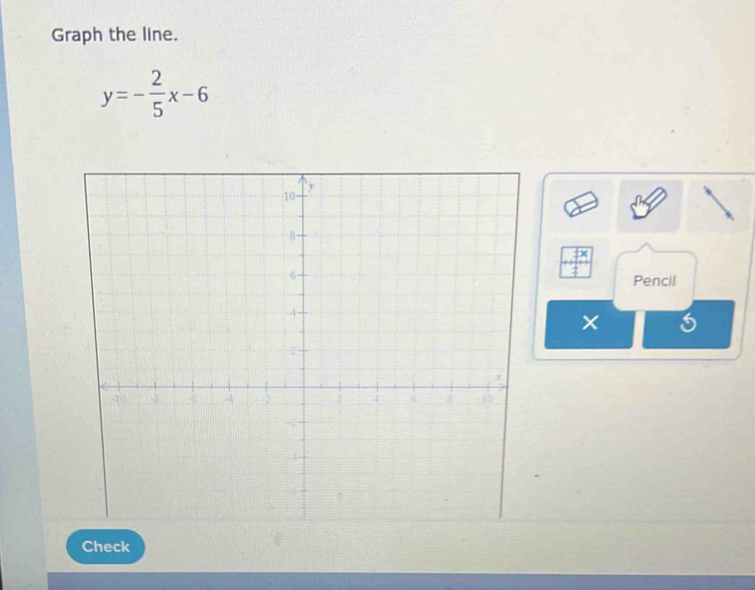 Graph the line.
y=- 2/5 x-6
Pencil 
× 
Check