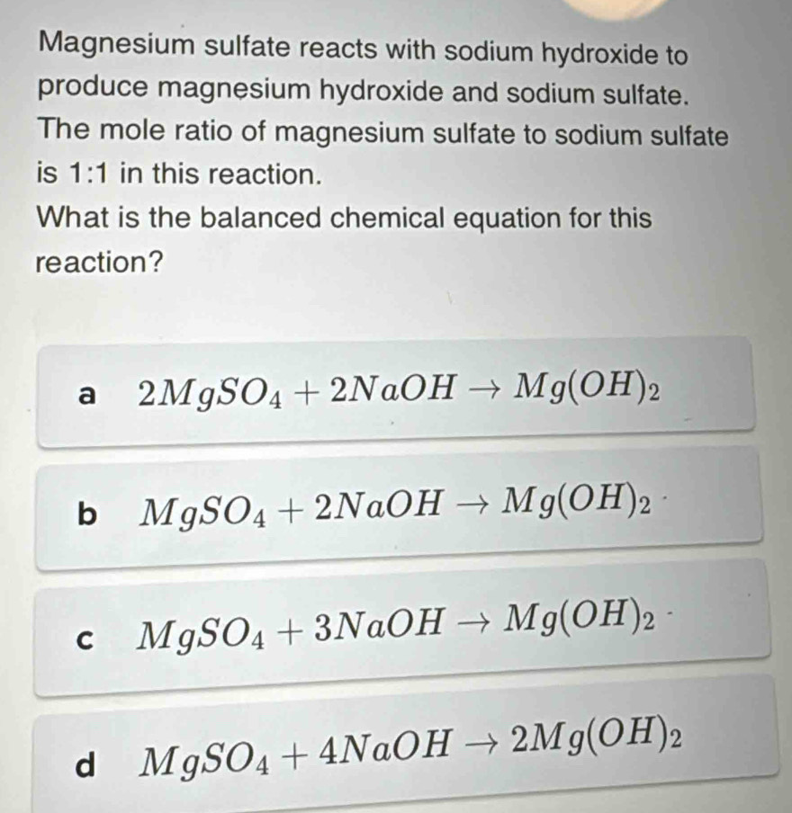 Solved: Magnesium sulfate reacts with sodium hydroxide to produce ...