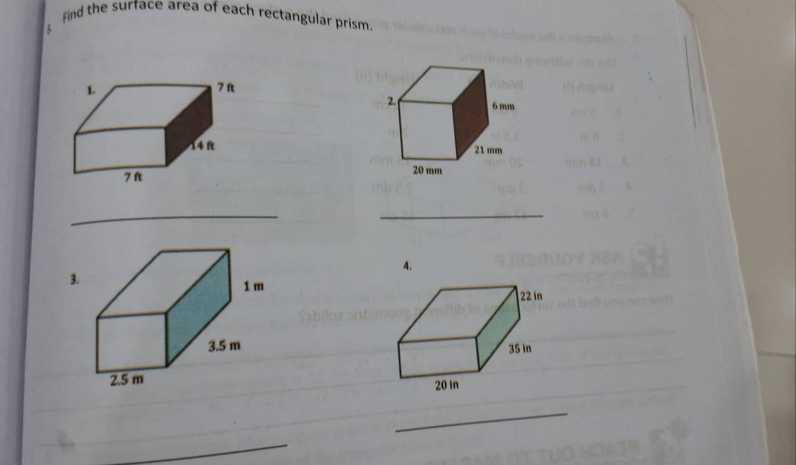 Find the surface area of each rectangular prism. 

__ 
4. 
3. 

_ 
_ 
_ 
_