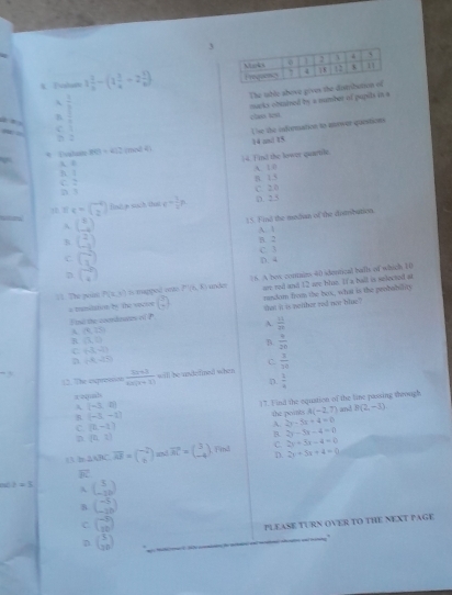 Palan 1 1/8 -(1 3/4 +2 1/8 )
a B  3/2  The table above gives the distribetion
clan ten macks obtaised by a number of pupils in a
C frac □ 
* Dvalu BG=412 (mnd म ) 14 am/ 15 Use the indormation to anower questions
B  1/2  )4. Find the lower quartile. A 10
C. 2
B. 1.5
D
c=beginpmatrix -4 2endpmatrix Bat n such tha c^(-frac 3)2p C. 2.0
D. 2.5
15. Find the median of the distribution.
A beginpmatrix 6 -4endpmatrix
B beginpmatrix 2 -1endpmatrix A. 1
C beginpmatrix -2 1endpmatrix B 2
C. 3 D.4
n beginpmatrix -2 4endpmatrix
1. The poi P(x,x) l mugpoó orte P(x,6) ande 16. A hes contaims 40 sdentical balls of which 10
= msmilston केe the veलe (2) an red and 12 me blue. 1f a hall is selected at
Ftse the condeuces of P sat it is weither red not blue" rundom from the box, what is the peobability
A  11/20 
A (6,25)
R (3,0
B.  9/20 
C (-3,-2)
n (-8,-25)
C
, will he undefined when  1/10 
12. The expresso  (10+3)/6x(x+3)  D.  2/4 
a eqah
R (-3,-1) 17. Find the equation of the line passing through
λ (-3,4)
C. (h-t) A. the points A(-2,7) and B(2,-3)
2y-5x+4=0
n (0,1)
B 2x-5x-4=0
B b.△ ABC.overline AF=beginpmatrix -2 2endpmatrix and vector AC=beginpmatrix 3 -4endpmatrix Find C. 2y+5x-4=0
D. 2x+5x+4=0
overline ln c
z=5 beginpmatrix 3 -1endpmatrix
A
B beginpmatrix -5 -10endpmatrix
_
C. beginpmatrix -3 10endpmatrix
PLEASE TURN OVER TO THE NEXT PAGE
n beginpmatrix 3 30endpmatrix.