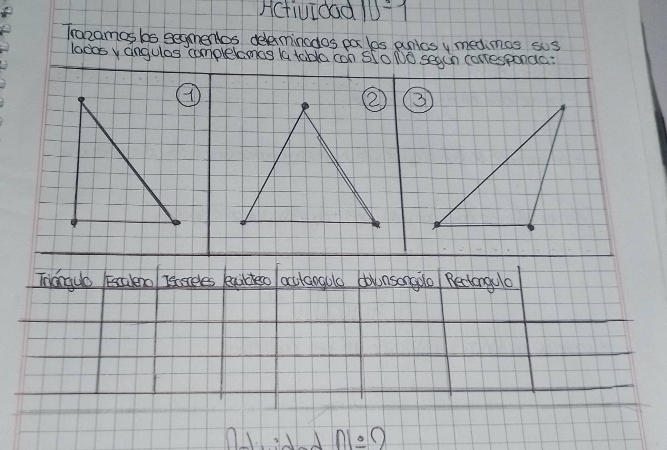 Actividad 10/ 1 
Trazamos bos segmentos delerminodos pa les pnlos y medinos sus 
ladsy angulas complelamas k tabla con SIo NO segan corresponde: 

Tndrguo Ecaleno Iscsceles buldeso actangole doonsongoo Recongelo
n1:2