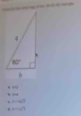 they i teg of fte i g 4 mangts.
a. b=2
b. b=4
c z=4sqrt(3)
d. b=2sqrt(3)