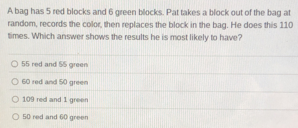 A bag has 5 red blocks and 6 green blocks. Pat takes a block out of the bag at
random, records the color, then replaces the block in the bag. He does this 110
times. Which answer shows the results he is most likely to have?
55 red and 55 green
60 red and 50 green
109 red and 1 green
50 red and 60 green