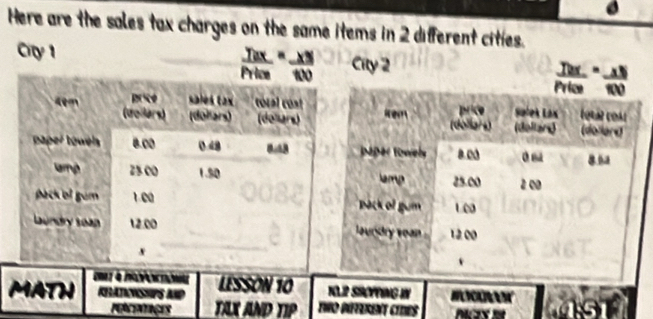 Here are the sales tax charges on the same items in 2 different cities. 
Cy 1 Tx ' Xã City 2 Tax. - 

MAth KRATYSHPS AND LESSON 10 KELR SHOYYING IN 
PEENTIGES TILX AND TIP TWO IFFERENT CTDES 9