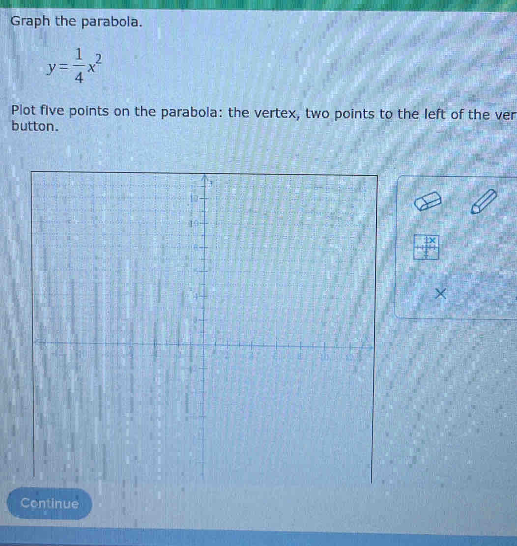 Graph the parabola.
y= 1/4 x^2
Plot five points on the parabola: the vertex, two points to the left of the ver 
button. 
×
X
Continue