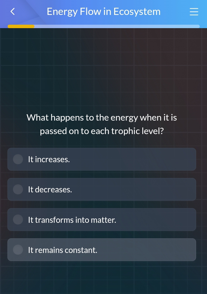 Energy Flow in Ecosystem
What happens to the energy when it is
passed on to each trophic level?
It increases.
It decreases.
It transforms into matter.
It remains constant.