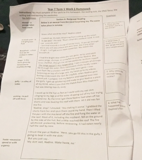 Year 7 Term 1 Week 1 Homework
Instructions: You must complete all four parts to this homework, the reading task, the SPaG focus, the
writing task and learning the vocabulary 
Gueitione
Key Definitions Section A: Reciprocal Reading
excerph- Below is an excerpt from the novel Surprising Joy. The scene
from a book passage taken takes place in Jamaica.    W t  a  t 
cters éore ===
-
   
# fipe
know what would be nice?' Nadine asked
I looked up, my eyes streaming from cutting up the snion
evoeada pear - is # B ght grcen A ripe pear' she said. "That's what this conkous need A me
I painted towardt a clump of corna froes. "If you go theough
there you will see a black skin pear bree. See if any wup the janga weren't mean when it say 2 What does ? Kerlas
 ul
vers comperative ?
readtrut - a fruis
ooked or eate   t        t  breadfriit A right. I will get some more wood tou. You witch the
I had the bricht idea while she was gone, to try and catch
some janga, shvimes, or a cgylish to surprise Naaine. She
jange zi the name grvem lp fores shellfish, though I'm not too particular to them myself
ful through the warer fich translicent shells hardly vouble -
erayfah/shrilm p Jamalcas fo
The Janga weren I very coperathe I saw a couple of shrimps
fust flash like a shadow and then they were gone. I wa
balancing on too of a large rork, my hand up to my elbow
feeling underneash the rock for prayfish, when Nadine gave * WTy we t 
a loud yell. I jumped, fost my balance and toppled over into shrimps barel.
gully - a valley of the gully. I got up spluttering and ready to give Nadine a piece visible ?
water of my mind, when I saw that the thatch from Miss Daphine's
hut was blazing merrily away .
I raced up to the hut as fast as I could with my wet skirt
clinging to my legs and the water dripping out of my hair trying
ot   farc yanking -to puil to blind me. By the time I cot there Nadine had taken off her
shorts and was bealing the roof with them. All it did was fan
the fire.
'Nadine, stop!' I shouted. 'You making it worse.' I grabbed the 4. What ha happened ls 
shorts from her and spun them round my hand. Then I lifted
the pan with the markerel off the fire and flung the water at Daphne's hin
the roof Most of it, Including the mackerel, fell on the ground
by the side of the hut, but a little reached the roof. The fire
half the roof by now splurtered, protesting, before recovering. It had eaten nearly
I thrust the pan at Nadine. "Here, you go fill this in the gully, I
going to beat it with me skirt.'
speed or with haste -excessive
'But you just say...'
'My skirt wet, Nadine. Make haste, no.'
urgency