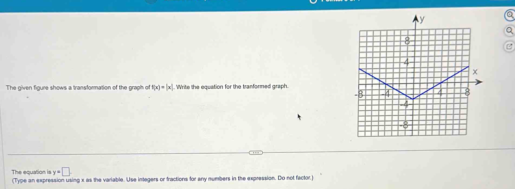 The given figure shows a transformation of the graph of f(x)=|x|. Write the equation for the tranformed graph. 
The equation is y=□. 
(Type an expression using x as the variable. Use integers or fractions for any numbers in the expression. Do not factor.)