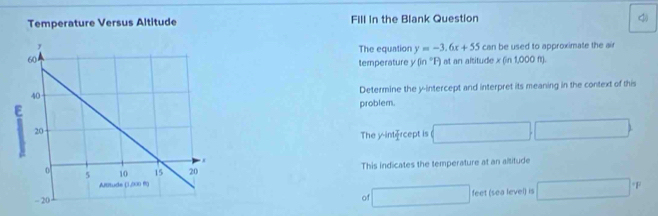 Temperature Versus Altitude Fill in the Blank Question 
The equation y=-3.6x+55 can be used to approximate the air 
at an altitude x(in1,000n)
temperature y(in°F)
Determine the y-intercept and interpret its meaning in the context of this 
problem. 
The y -intércept is □ □
This indicates the temperature at an altitude 
feet (sea level) is □°F
。 □