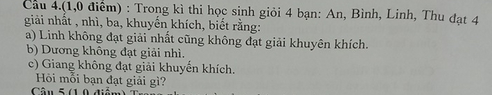 Cầu 4.(1,0 điểm) : Trong kì thi học sinh giỏi 4 bạn: An, Bình, Linh, Thu đạt 4
giải nhất , nhì, ba, khuyến khích, biết rằng: 
a) Linh không đạt giải nhất cũng không đạt giải khuyên khích. 
b) Dương không đạt giải nhì. 
c) Giang không đạt giải khuyến khích. 
Hồi mỗi bạn đạt giải gì? 
Câu 5 (1 0 điễ