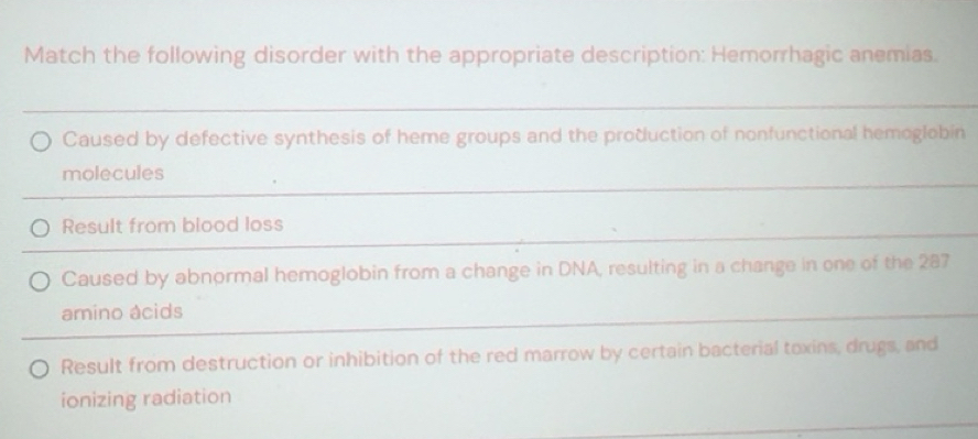 Solved: Match the following disorder with the appropriate description ...
