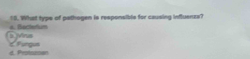 What type of pathogen is responsible for causing influenza?
a. Bacterium
b Wirus
C. Fungus
d. Protszoan