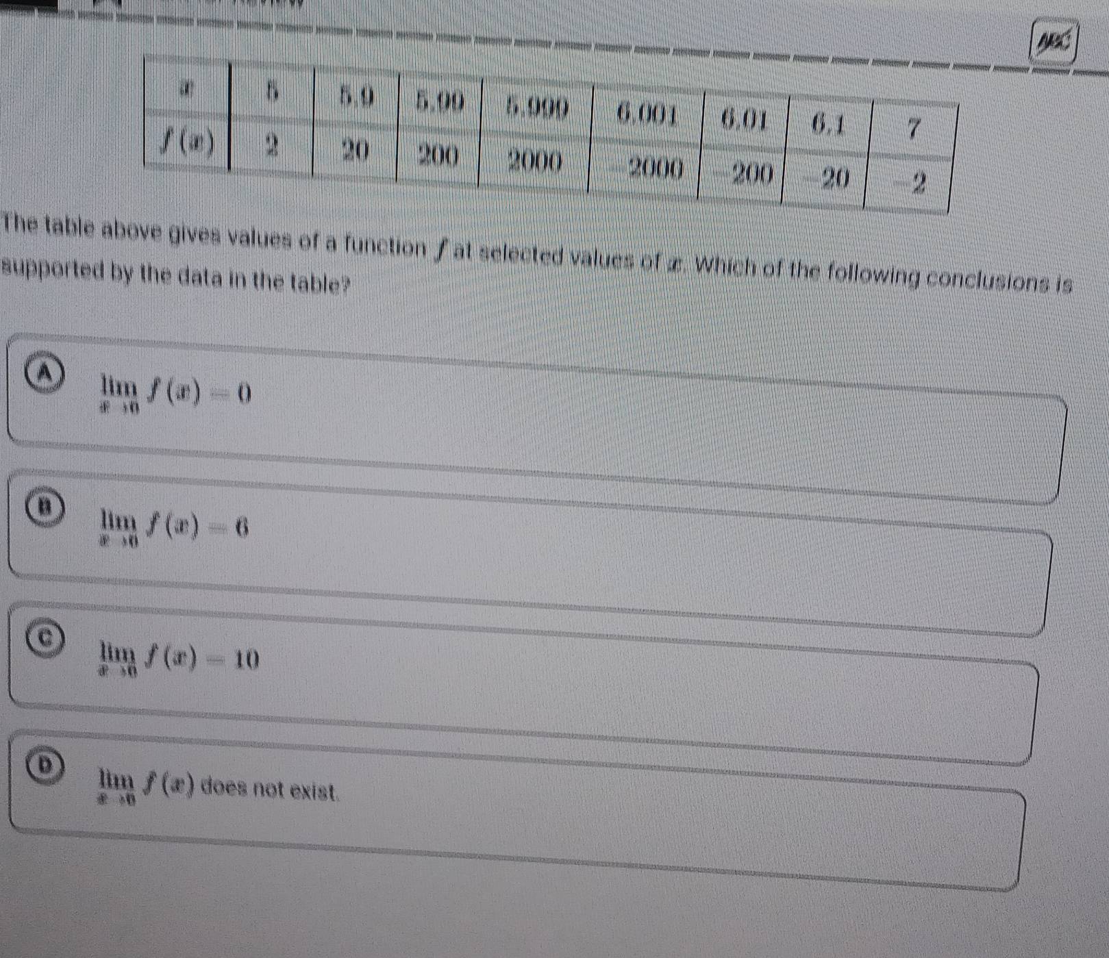 The table above gives values of a function f at selected values of æ. Which of the following conclusions is
supported by the data in the table?
A limlimits _xto 0f(x)=0
o limlimits _xto 0f(x)=6
C limlimits _xto 0f(x)=10
limlimits _xto 0f(x) does not exist.
