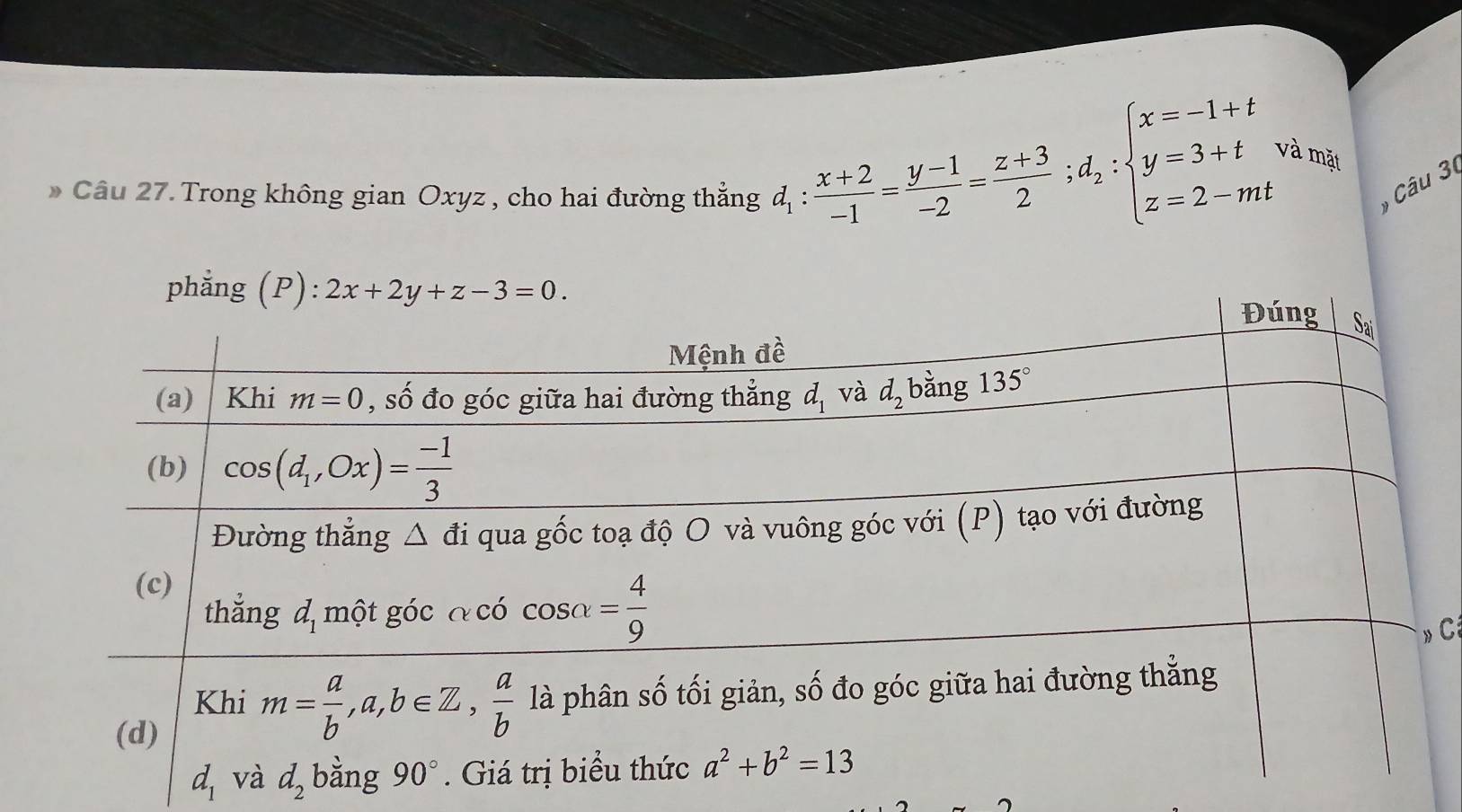 beginarrayl x=-1+t y=3+t z=2-mtendarray.
Câu 27. Trong không gian Oxyz , cho hai đường thắng d_1: (x+2)/-1 = (y-1)/-2 = (z+3)/2 ;d_2:
và mặt
Câu 3
phẳng (P)
C