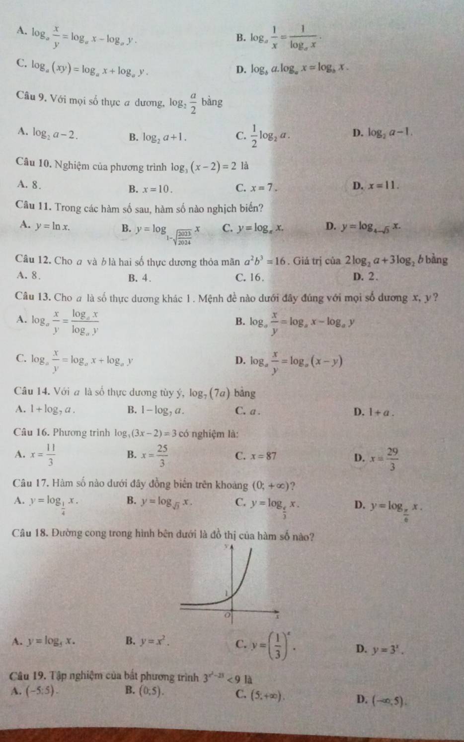 A. log _a x/y =log _ax-log _ay. log _a 1/x =frac 1log _ax.
B.
C. log _a(xy)=log _ax+log _ay.
D. log _ba.log _ax=log _bx.
Câu 9. Với mọi số thực # dương, log._2 a/2 bing
A. log _2a-2. B. log _2a+1. C.  1/2 log _2a.
D. log _2a-1.
Câu 10. Nghiệm của phương trình log _3(x-2)=2 là
A. 8. D. x=11.
B. x=10. C. x=7.
Câu 11. Trong các hàm số sau, hàm số nào nghịch biến?
A. y=ln x. B. y=log _1-sqrt(frac 2023)2024x C. y=log _π x. D. y=log _4-sqrt(3)x.
Câu 12. Cho a và b là hai số thực dương thỏa mãn a^2b^3=16. Giả trị của 2log _2a+3log _2 b bàng
A. 8. B. 4. C. 16. D. 2、
Câu 13. Cho a là số thực dương khác 1. Mệnh đề nào dưới đây đúng với mọi số dương x, y?
A. l g_a  x/y =frac log _axlog _ay log _a x/y =log _ax-log _ay
B.
C. log。  x/y =log _ax+log _ay log _a x/y =log _a(x-y)
D.
Câu 14. Với a là số thực dương tùy ý, log _7(7a) bảng
A. 1+log _7a. B. 1-log _7a. C. a . D. 1+a.
Câu 16. Phương trình log _3(3x-2)=3 có nghiệm là:
B.
A. x= 11/3  x= 25/3  D. x= 29/3 
C. x=87
Câu 17. Hàm số nào dưới đây đồng biến trên khoảng (0;+∈fty ) ?
A. y=log _ 1/4 x.
B. y=log _sqrt(3)x. C. y=log _ e/3 x. D. y=log _ π /6 x.
Câu 18. Đường cong trong hình bên dưới là đồ thị của hàm số nào?
A. y=log _5x. B. y=x^2. C. y=( 1/3 )^x.
D. y=3^x.
Câu 19. Tập nghiệm của bất phương trình 3^(x^2)-23<912</tex>
A. (-5:5). B. (0,5). C. (5,+∈fty ).
D. (-∈fty ,5).