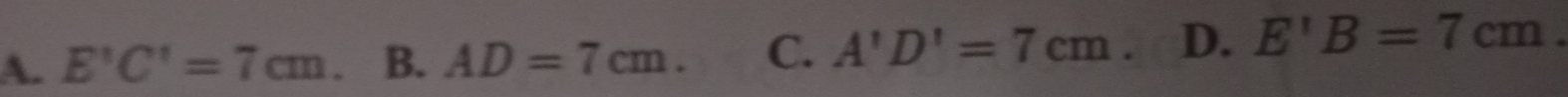 A. E'C'=7cm B. AD=7cm. C. A'D'=7cm D. E'B=7cm