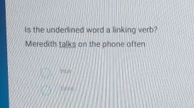 Is the underlined word a linking verb?
Meredith talks on the phone often
Itrue
false