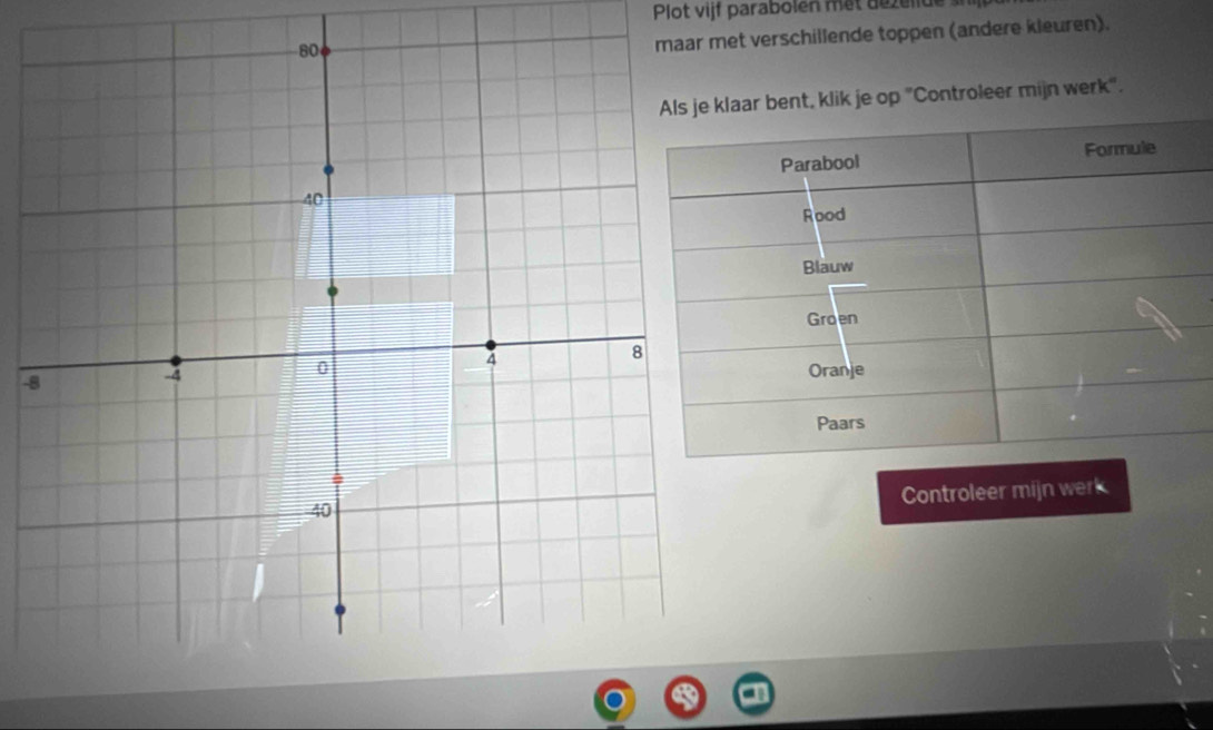 Plot vijf parabolen met dézelt 
t verschillende toppen (andere kleuren). 
lik je op "Controleer mijn werk". 
- 
Controleer mijn werk