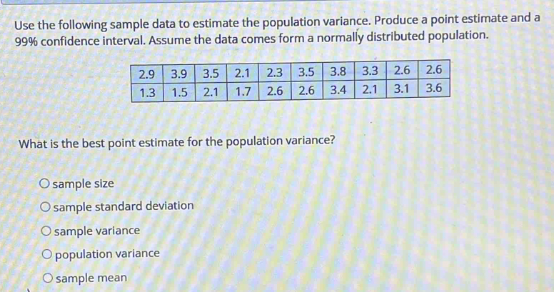 Use the following sample data to estimate the population variance. Produce a point estimate and a
99% confidence interval. Assume the data comes form a normally distributed population.
What is the best point estimate for the population variance?
sample size
sample standard deviation
sample variance
population variance
sample mean