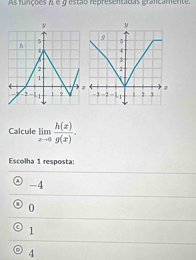 As funções é 9 estão representadas grancamente.
Y
5
h
A
8
2
1
x
-3 -2 -11 1 2
Calcule limlimits _xto 0 h(x)/g(x) . 
Escolha 1 resposta:
D -4
B 0
1
D 4