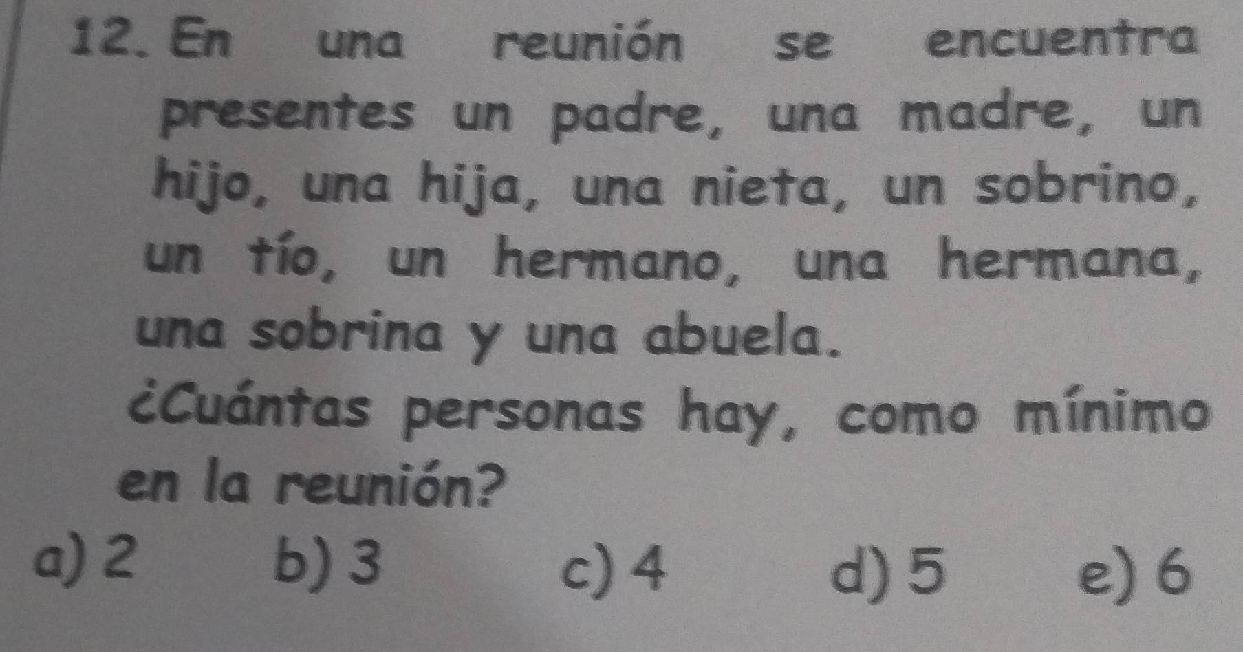 En una reunión se encuentra
presentes un padre, una madre, un
hijo, una hija, una nieta, un sobrino,
un tío, un hermano, una hermana,
una sobrina y una abuela.
¿Cuántas personas hay, como mínimo
en la reunión?
a) 2 b) 3
c) 4 d) 5 e) 6