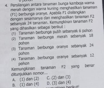 é ponón
4. Persilangan antara tanaman bunga kamboja warna
merah dengan warna kuning menghasilkan tanaman
(F1) berbunga oranye. Apabila F1 disilangkan
dengan sesamanya dan menghasilkan tanaman F2
sebanyak 24 tanaman. Kemungkinan tanaman F2
yang dihasilkan sebagai berikut :
(1) Tanaman berbunga putih sebanyak 6 pohon
(2) Tanaman berbunga merah sebanyak 18
pohon
(3) Tanaman berbunga oranye sebanyak 24
pohon
(4) Tanaman berbunga oranye sebanyak 12
pohon
Kemungkinan tanaman F2 yang benar
ditunjukkan nomor...
A. (1) dan (2) C. (2) dan (3)
B. (1) dan (4) D. (3) dan (4)
Staan berikut