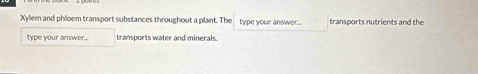 Xylem and phloem transport substances throughout a plant. The type your answer... transports nutrients and the 
type your answer... transports water and minerals.