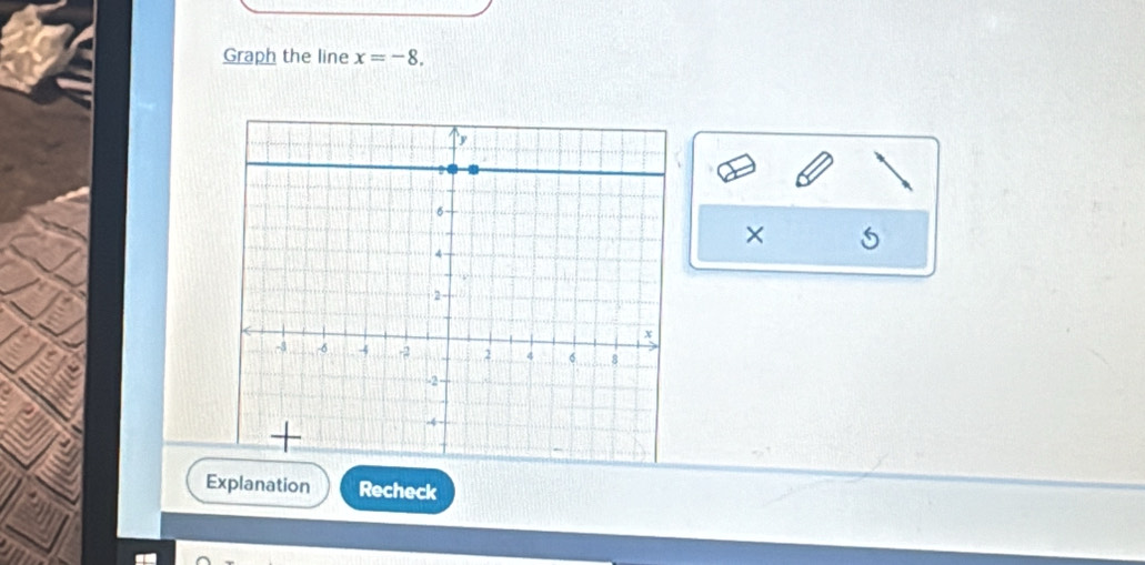 Graph the line x=-8. 
× 
Explanation Recheck