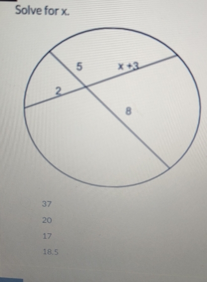 Solve for x.
37
20
17
18.5