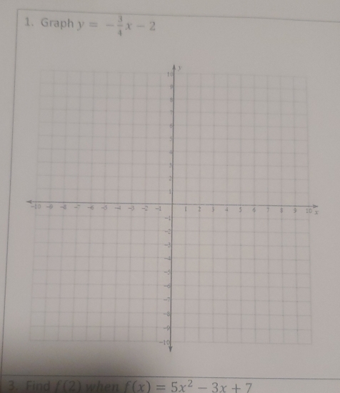 Graph y=- 3/4 x-2
3. Find f(2) when f(x)=5x^2-3x+7