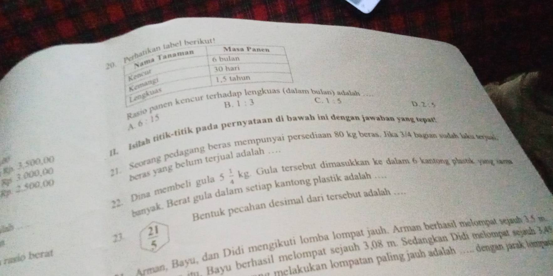 C. 1:5
Rasio pbulan) adalah ...
D. 2:5
A. 6:15
1. Isilah titik-titik pada pernyataan di bawah ini dengan jawaban yang tepat!
00
beras yang belum terjual adalah .
R/. 3,500,00
Rp 3.000,00
21. Scorang pedagang beras mempunyai persediaan 80 kg beras. Jika 3/4 bagian sudah laku tejuh
22. Dina membeli gula 5 1/4 kg Gula tersebut dimasukkan ke dalam 6 kantong plastik yang sama
Rp. 2,500,((
banyak. Berat gula dalam setiap kantong plastik adalah ....
Bentuk pecahan desimal dari tersebut adalah ...

23.  21/5 
Arman, Bayu, dan Didi mengikuti lomba lompat jauh. Arman berhasil melompat sejauh 15 m
Bayu berhasil melompat sejauh 3,08 m. Sedangkan Didi melompat sejuh 3 
rasió berat
y  melakukan lompatan paling jauh adalah ... dengan jarak lampan