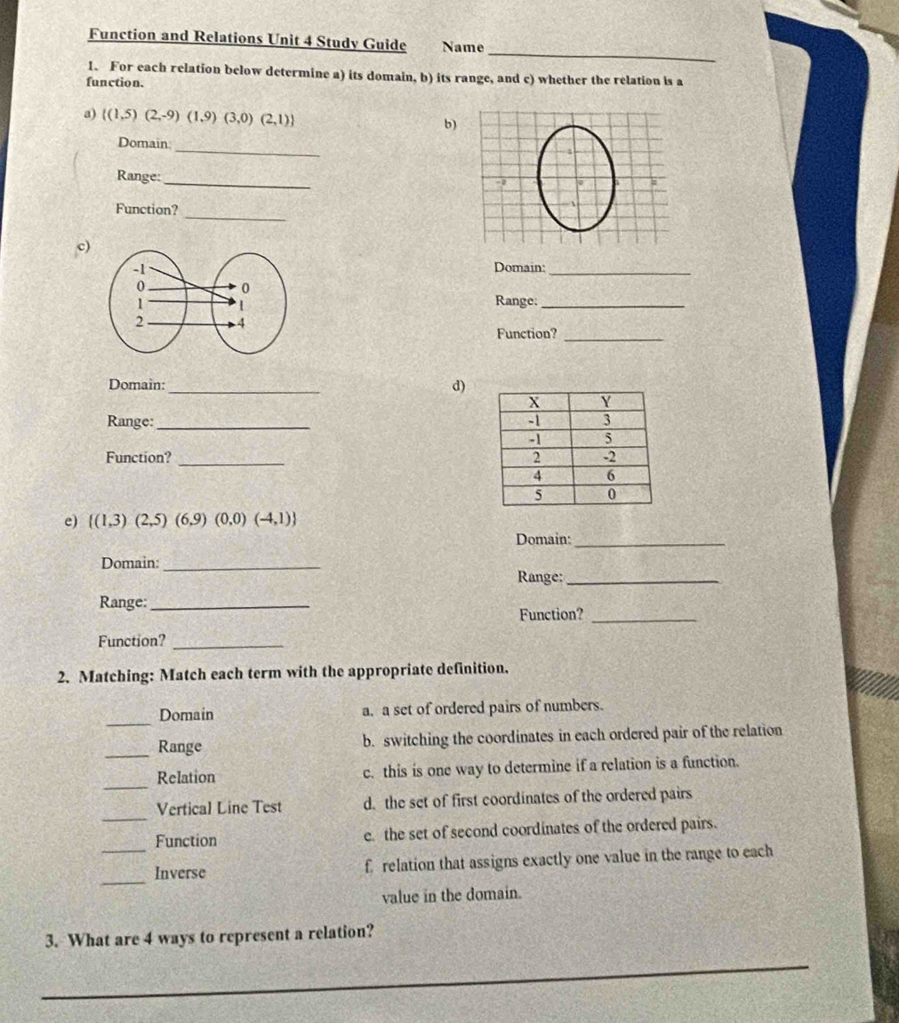 Function and Relations Unit 4 Study Guide Name
1. For each relation below determine a) its domain, b) its range, and c) whether the relation is a
function.
a)  (1,5)(2,-9)(1,9)(3,0)(2,1)
b)
_
Domain
Range:_
Function?
_
c)
Domain:_
Range:_
Function?_
Domain: _d)
Range:_ 
Function? _
e)  (1,3)(2,5)(6,9)(0,0)(-4,1)
Domain:_
Domain: _Range:_
Range:_
Function?_
Function?_
2. Matching: Match each term with the appropriate definition.
_
Domain a. a set of ordered pairs of numbers.
_Range b. switching the coordinates in each ordered pair of the relation
_
Relation c. this is one way to determine if a relation is a function.
_
Vertical Line Test d. the set of first coordinates of the ordered pairs
Function e. the set of second coordinates of the ordered pairs.
_
_Inverse frelation that assigns exactly one value in the range to each
value in the domain.
3. What are 4 ways to represent a relation?
_