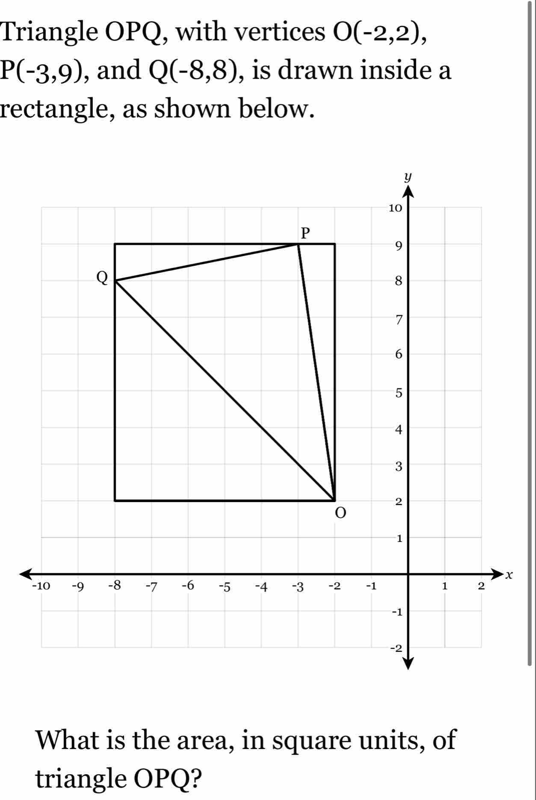 Triangle OPQ, with vertices O(-2,2),
P(-3,9) , and Q(-8,8) , is drawn inside a 
rectangle, as shown below.
x
What is the area, in square units, of 
triangle OPQ?