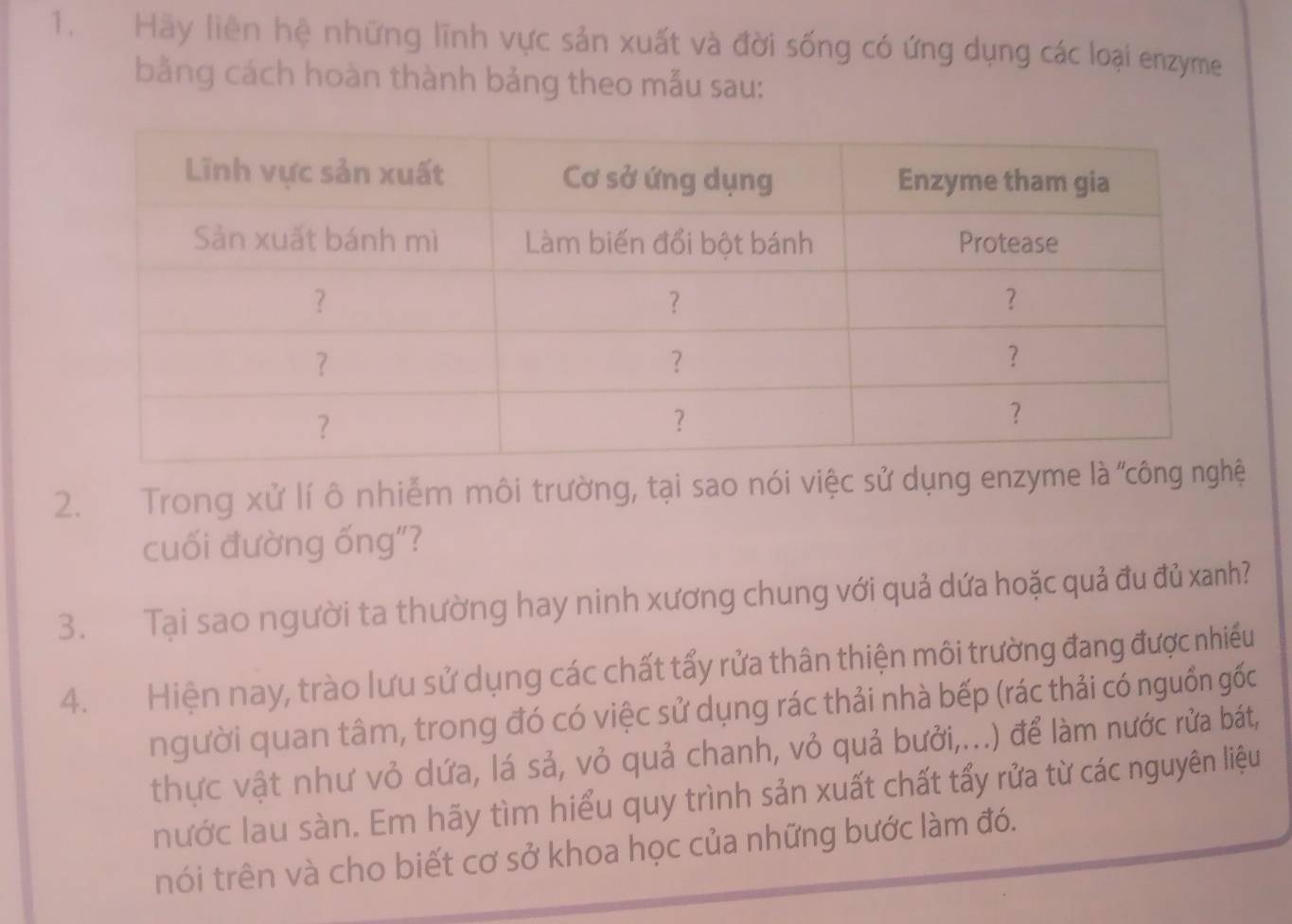 Hãy liên hệ những lĩnh vực sản xuất và đời sống có ứng dụng các loại enzyme 
bằng cách hoàn thành bảng theo mẫu sau: 
2. Trong xử lí ô nhiễm môi trường, tại sao nói việc sử dụng enzyme là 
cuối đường ống”? 
3. Tại sao người ta thường hay ninh xương chung với quả dứa hoặc quả đu đủ xanh? 
4. Hiện nay, trào lưu sử dụng các chất tẩy rửa thân thiện môi trường đang được nhiều 
người quan tâm, trong đó có việc sử dụng rác thải nhà bếp (rác thải có nguồn gốc 
thực vật như vỏ dứa, lá sả, vỏ quả chanh, vỏ quả bưởi,...) để làm nước rửa bát, 
nước lau sàn. Em hãy tìm hiểu quy trình sản xuất chất tấy rửa từ các nguyên liệu 
nói trên và cho biết cơ sở khoa học của những bước làm đó.