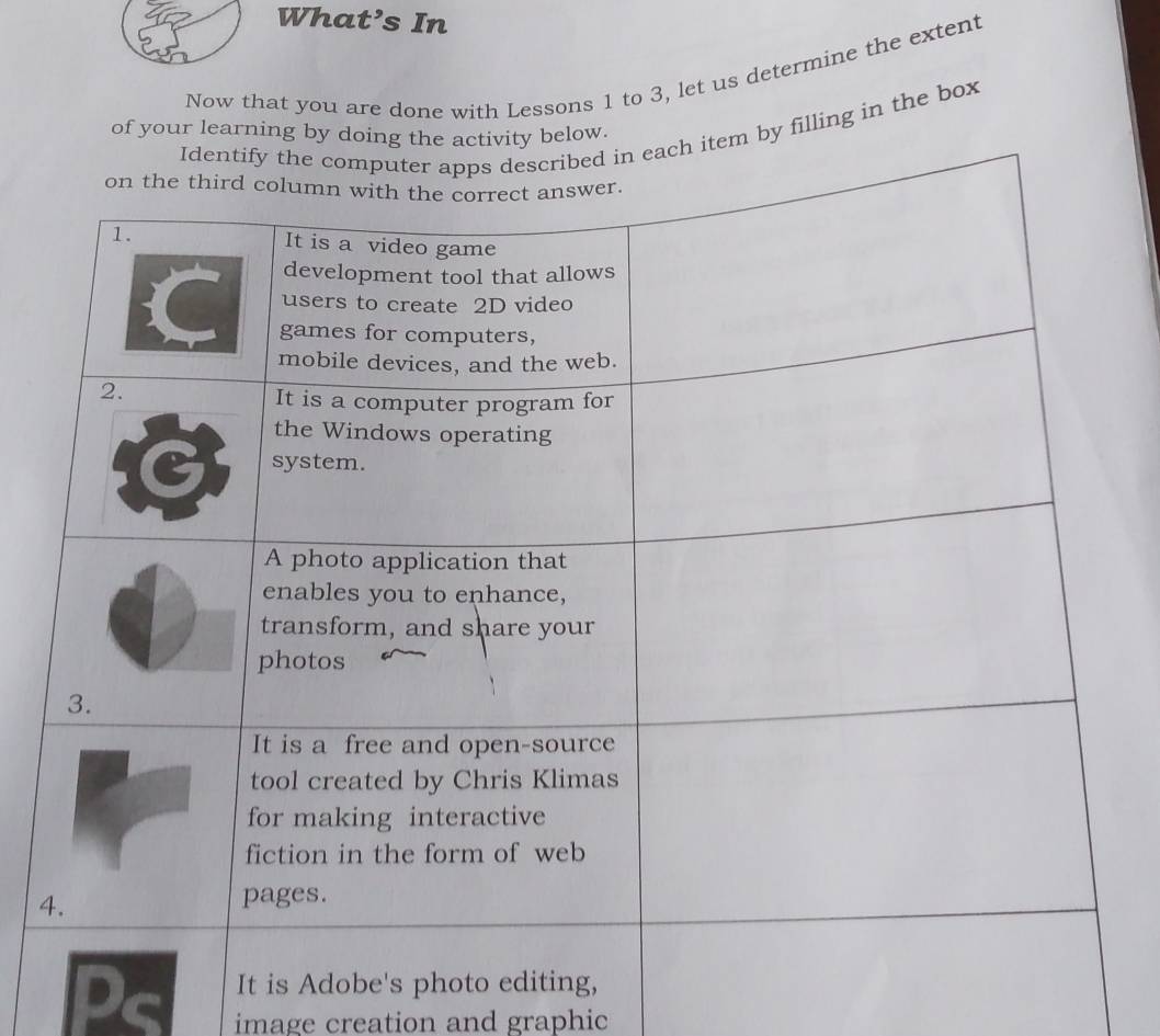 What’s In 
Now that you are done with Lessons 1 to 3, let us determine the extent 
by filling in the box 
of your learning by delow. 
4 
image creation and graphic