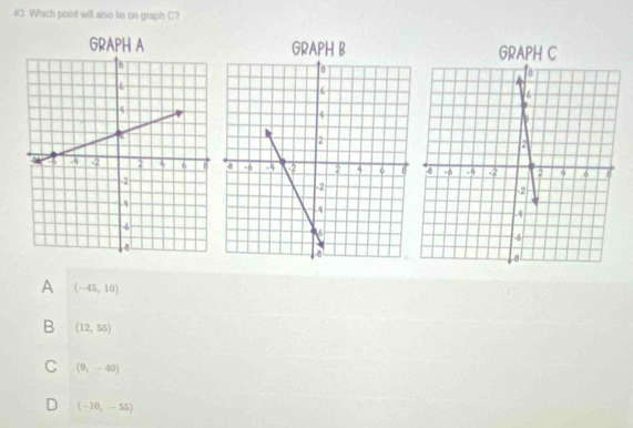 #3. Which point will also lie on graph C?
GRAPH B GRAPH C
A (-45,10)
B (12,55)
C (9,-40)
D (-10,-55)