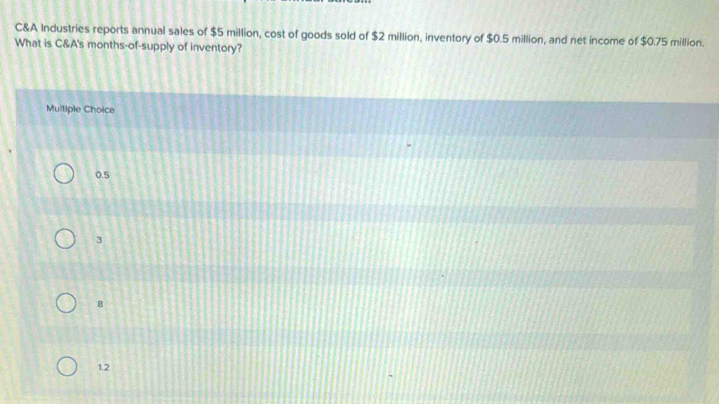 C&A Industries reports annual sales of $5 million, cost of goods sold of $2 million, inventory of $0.5 million, and net income of $0.75 million.
What is C&A's months-of-supply of inventory?
Multiple Choice
0.5
3
8
1.2