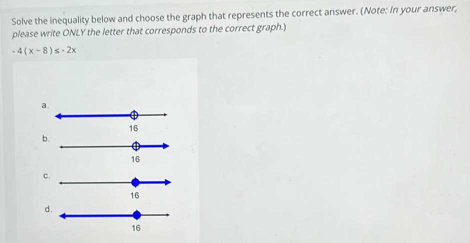 Solve the inequality below and choose the graph that represents the correct answer. (Note: In your answer, 
please write ONLY the letter that corresponds to the correct graph.)
-4(x-8)≤ -2x
16
d.
16