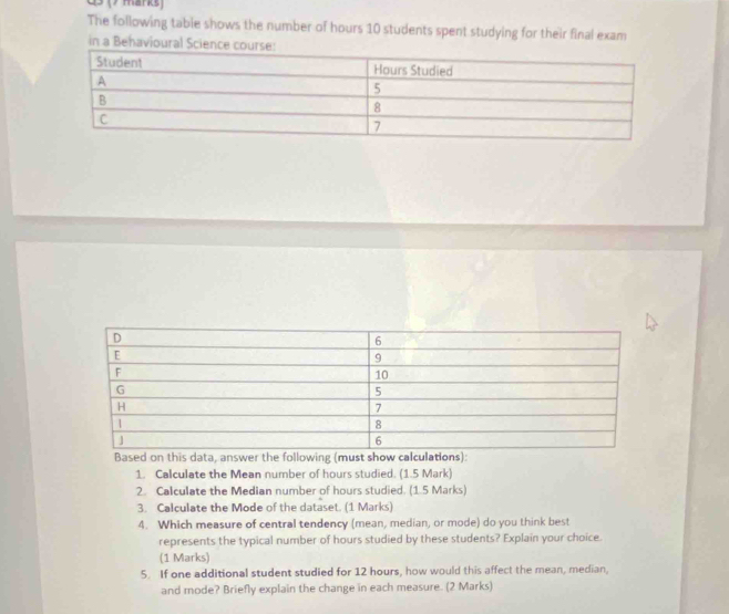 The following table shows the number of hours 10 students spent studying for their final exam 
in a Behavioural Science course: 
Based on this data, answer the following (must show calculations) 
1. Calculate the Mean number of hours studied. (1.5 Mark) 
2. Calculate the Median number of hours studied. (1.5 Marks) 
3. Calculate the Mode of the dataset. (1 Marks) 
4. Which measure of central tendency (mean, median, or mode) do you think best 
represents the typical number of hours studied by these students? Explain your choice. 
(1 Marks) 
5. If one additional student studied for 12 hours, how would this affect the mean, median, 
and mode? Briefly explain the change in each measure. (2 Marks)