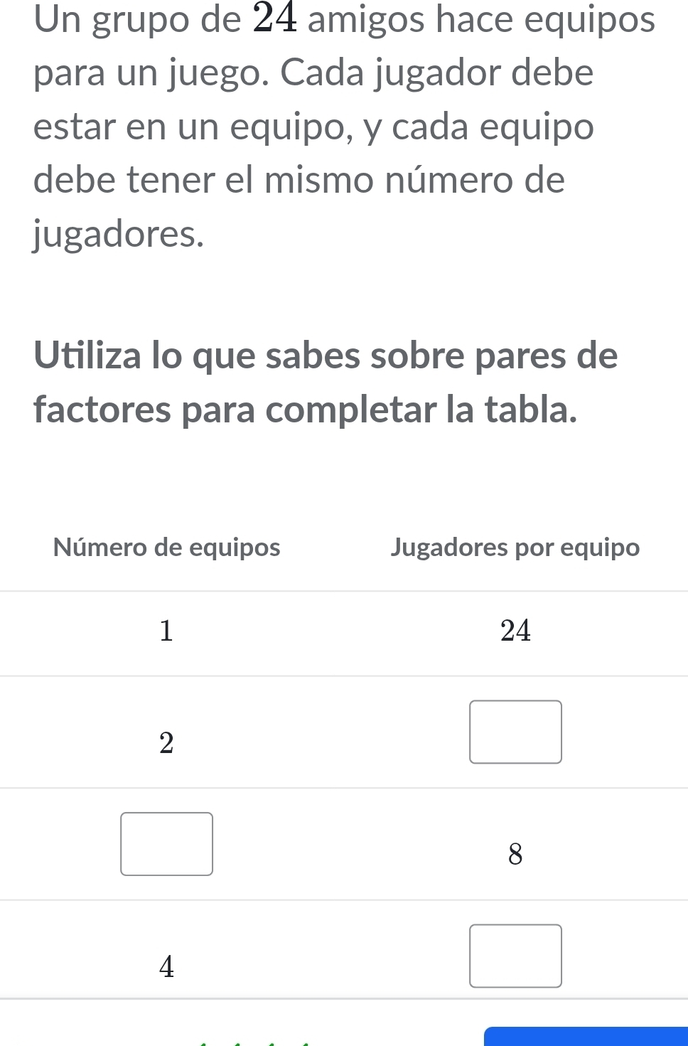 Un grupo de 24 amigos hace equipos 
para un juego. Cada jugador debe 
estar en un equipo, y cada equipo 
debe tener el mismo número de 
jugadores. 
Utiliza lo que sabes sobre pares de 
factores para completar la tabla.