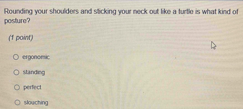 Rounding your shoulders and sticking your neck out like a turtle is what kind of
posture?
(1 point)
ergonomic
standing
perfect
slouching