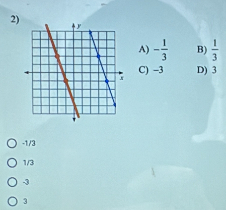 A) - 1/3  B)  1/3 
C) -3 D) 3
-1/3
1/3
-3
3