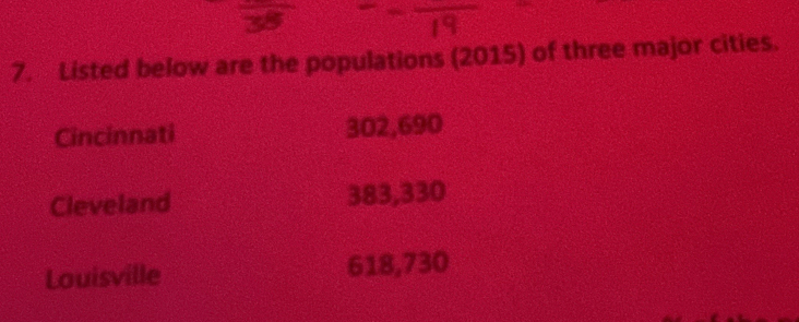 Listed below are the populations (2015) of three major cities. 
Cincinnati 302,690
Cleveland 383, 330
Louisville 618,730